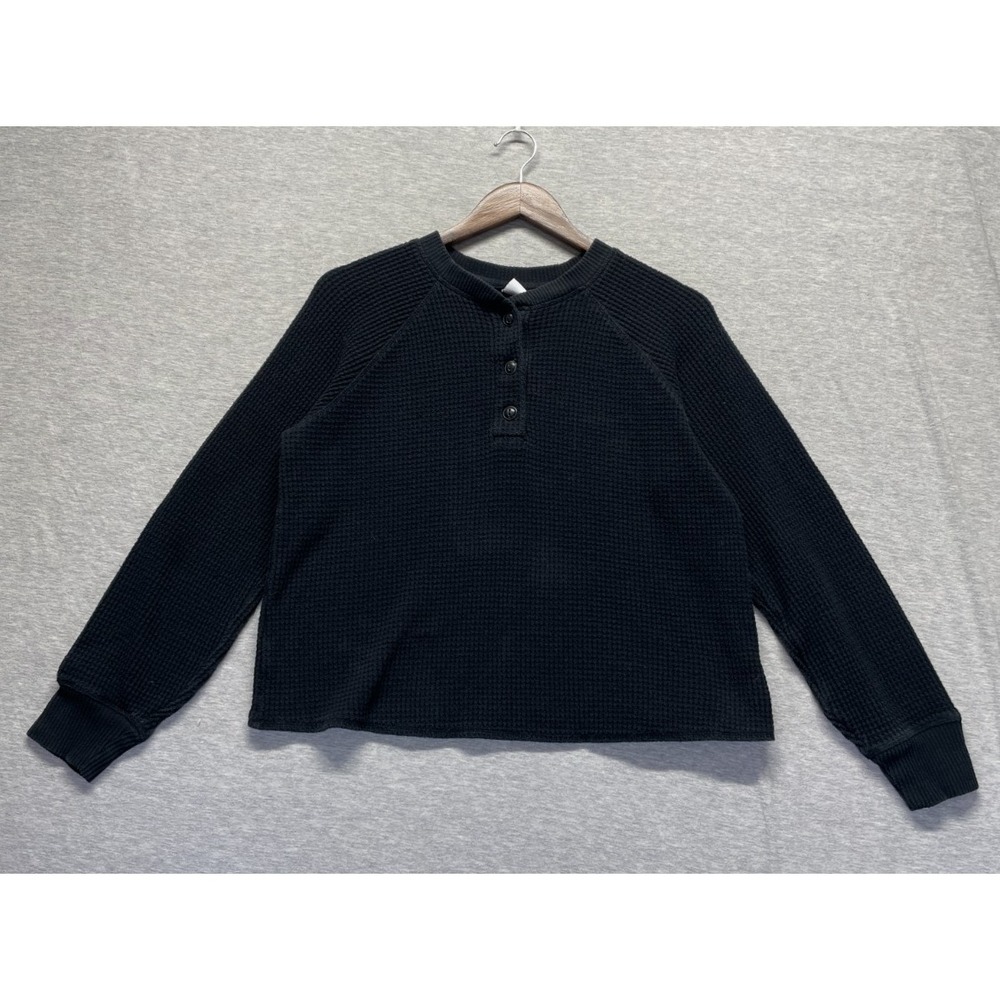 Old Navy Sweater Women Medium Black Cotton Waffle Knit Raglan Sleeve Henley Neck